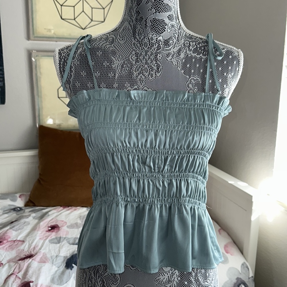 Smocked Tie-Strap Peplum Tank Top - Light Blue